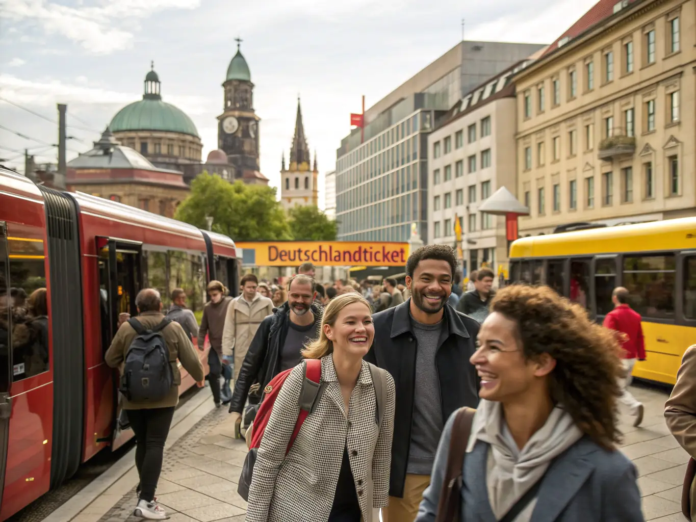 An image showcasing a diverse group of people happily using various modes of public transport (bus, train, tram) in different German cities, all holding Deutschlandtickets, emphasizing the ticket's versatility and widespread usability.