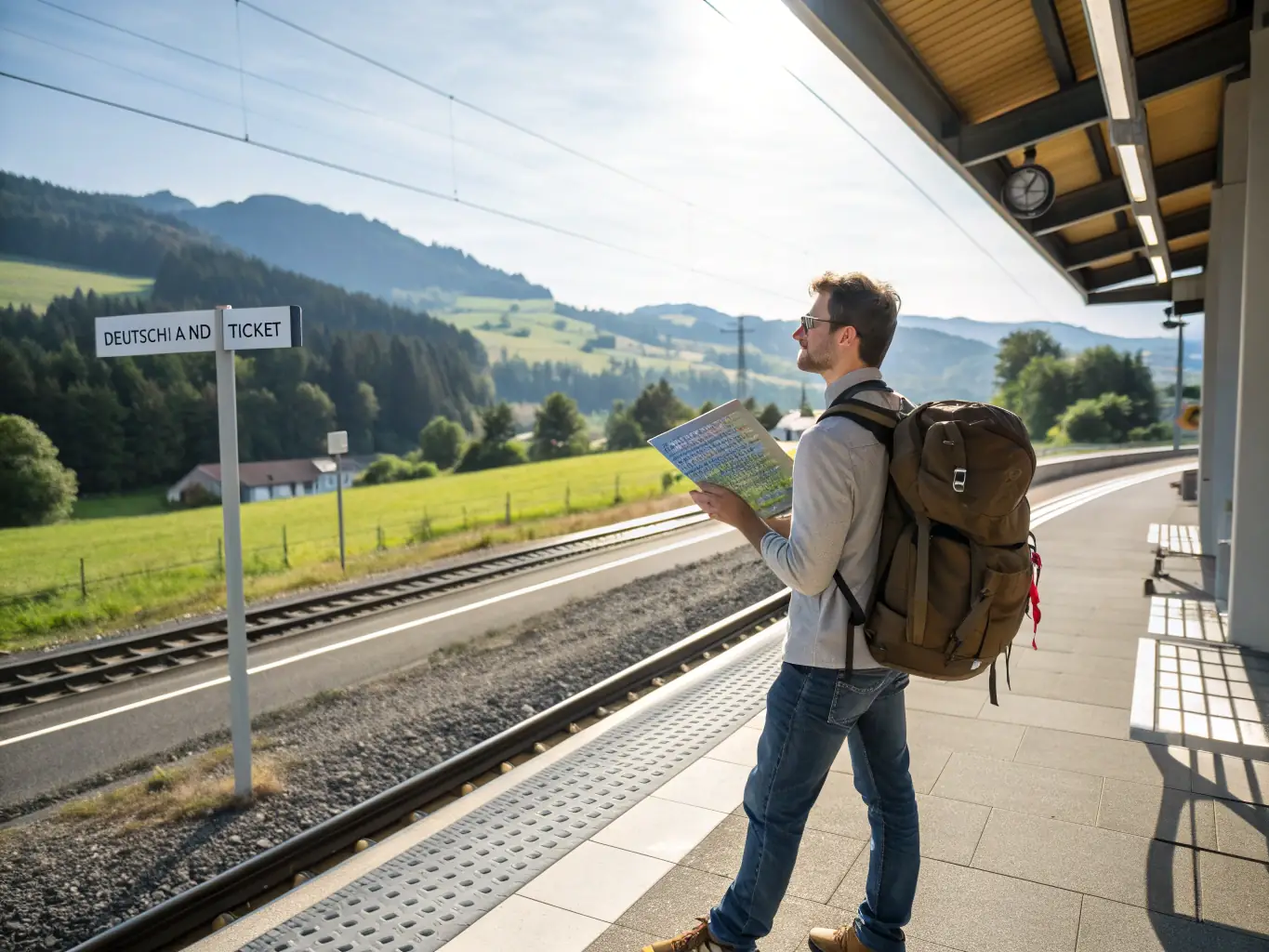 An image depicting a traveler effortlessly boarding a train with a Deutschlandticket in hand, set against the backdrop of a scenic German landscape, highlighting the ease and convenience of using the ticket for long-distance travel.